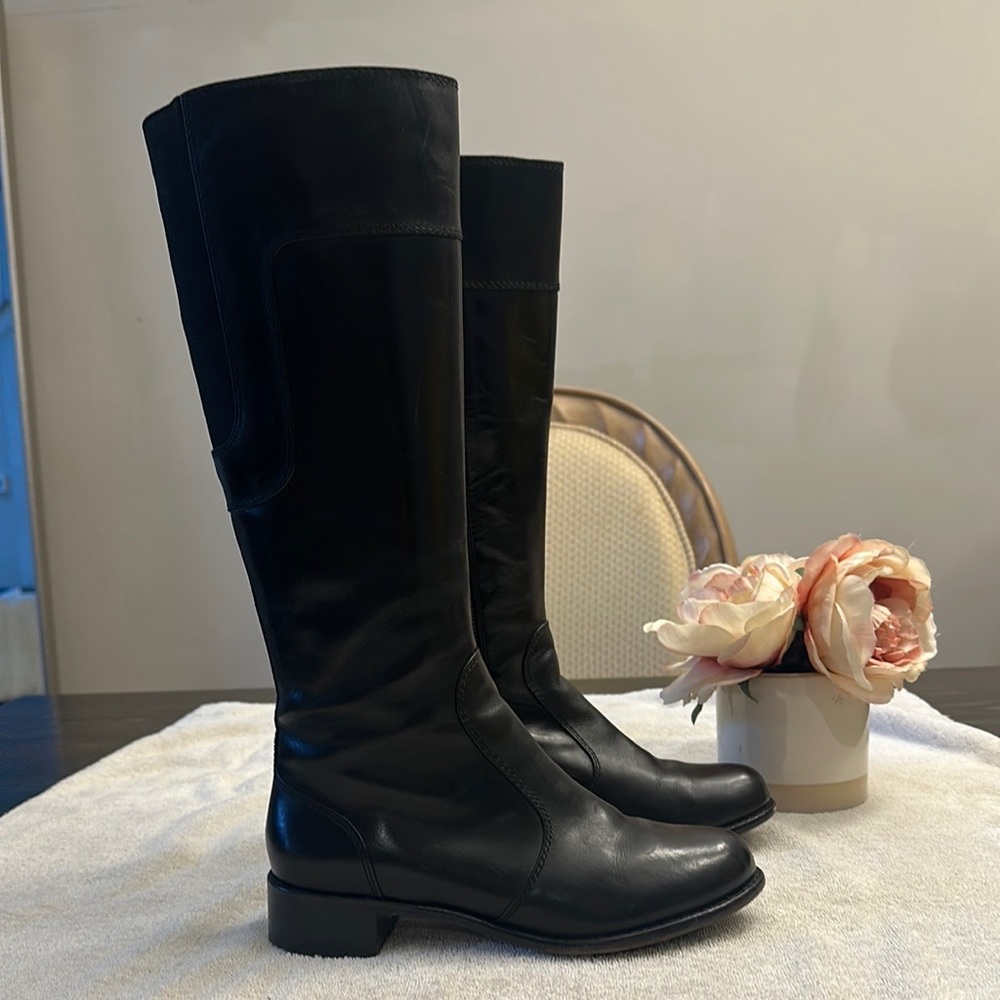 Taryn Rose Black leather luxury riding calf heel boots women size 6.5